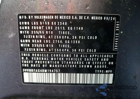 2024 Volkswagen Tiguan Se from USA, damaged, VIN 3VVNB7AX4RM194757